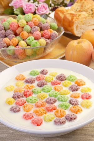 Milk with cereals balls crisp for breakfastの写真素材