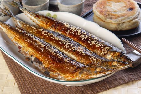 Prepared and delicious grilled saury  の写真素材