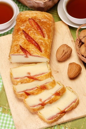 Rise the crisp cake over the wooden boardの写真素材