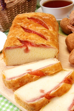 Rise the crisp cake over the wooden boardの写真素材