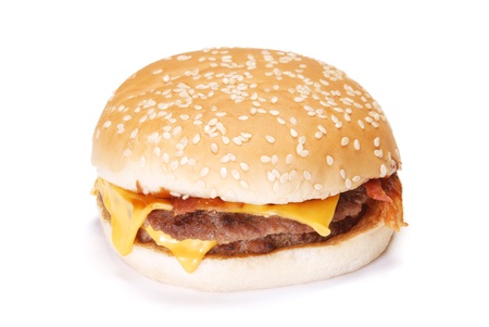 Cheeseburger with fries on white background の写真素材