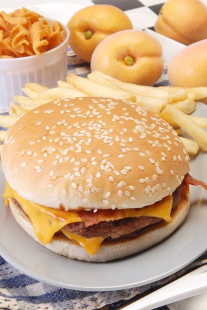 Cheeseburger with fries on the plateの写真素材