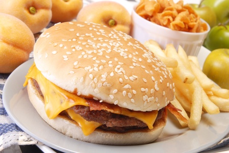 Cheeseburger with fries on the plateの写真素材
