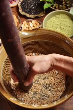 Leicha  Hakka Ground Tea   - manufactured by green tea, nuts, sesame seeds, pumpkin seedsの写真素材