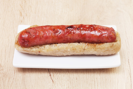 Sausage with sticky rice is a popular street food in Taiwanの写真素材