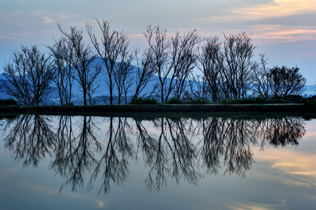 Beautiful scenery sunset sky view of lake and trees reflection in water,Tianxinzi, Sanzhi, New...