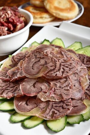 Chinese traditional dish, Fried sliced donkey meat with brown sauceの写真素材