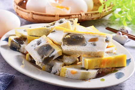 Sliced three-color eggs on the plateの写真素材