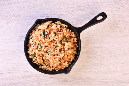 Japchae fried rice in cast iron panの写真素材