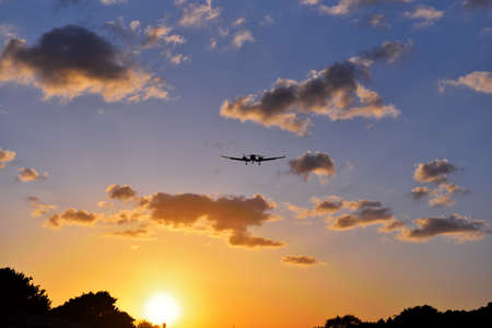 A plane landing at sunset