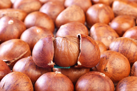 Closeup of chestnuts in a market stall. Shallow depth of fieldの写真素材