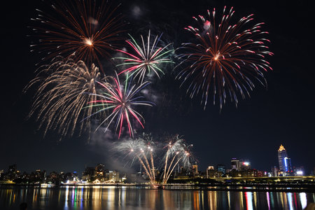 Dadaocheng fireworks show on the riverside at nightの写真素材