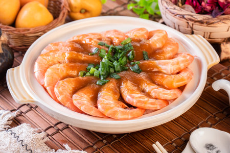 Garlic rice noodles with shrimps in clay potの写真素材