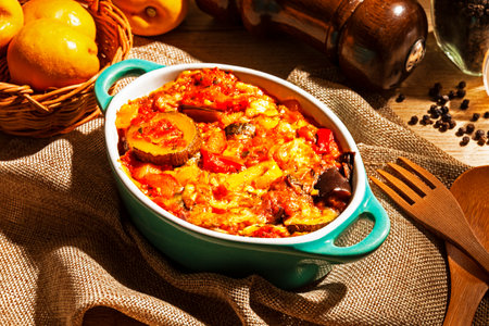 Provence roasted vegetables, baked vegetables in a baking dish on a wooden tableの写真素材