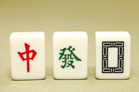 Chinese mahjong tiles, close-up of a mahjong tileの写真素材