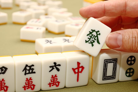 Chinese mahjong tiles, closeup of a mahjong tile patternの写真素材