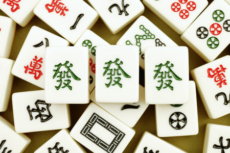 Chinese mahjong tiles, closeup of a mahjong tile patternの写真素材
