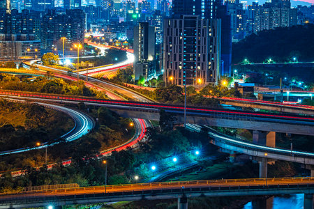 Beautiful architecture building cityscape with expressway in New Taipei Cityの写真素材