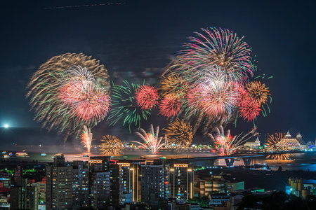The Summer Fireworks Festival takes place in Tamsui, New Taipei City.の写真素材