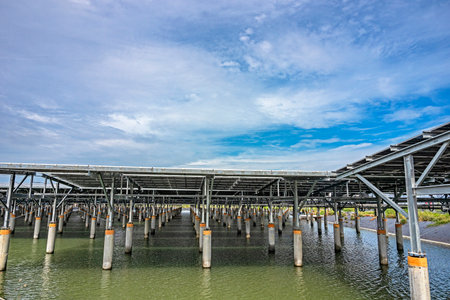 Solar panels stand above a fish pond, combining aquaculture with clean energy.の写真素材