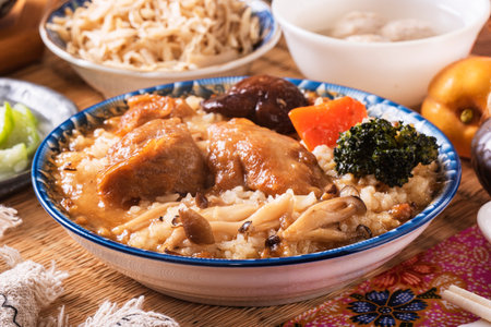 Stir fried chicken and mushroom over rice, Chinese foodの写真素材