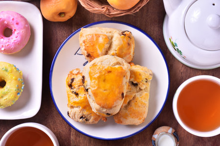 Closeup of a heap of raisin cheese sconeの写真素材