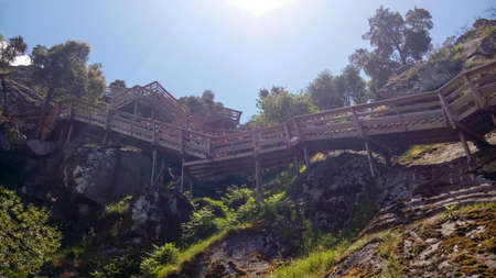 Paiva wooden walkways structure in a sunny day, in Arouca, Portugalのeditorial素材