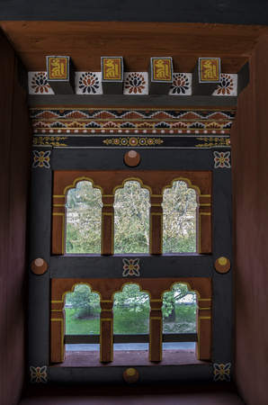 Ancient Windows of Tashichho Dzong, Thimphu, Bhutanの写真素材