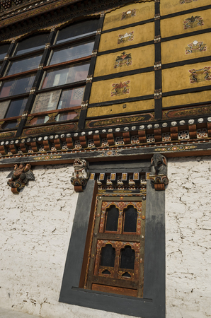 Painting and wood work of windows and door at Tashi Cho Dzong, Thimphu, Bhutanのeditorial素材