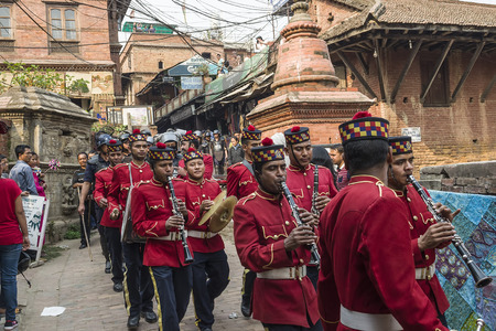 The Nepalese Military Orchestra performing live music on the streets of Kathmandu, during the Nepalese New Year Festivalのeditorial素材