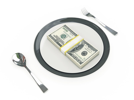 Business concept - Plate, cutlery and dollar banknotesの写真素材