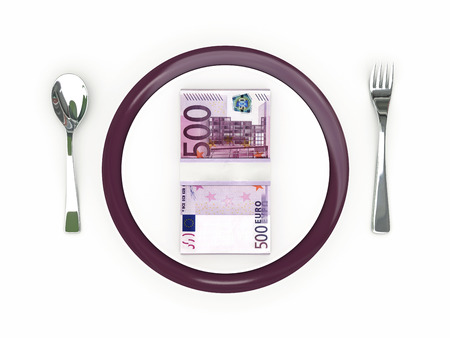 Business concept - Plate, cutlery and euro banknotesの写真素材