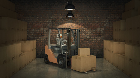 Forklift truck or storage in warehouse loading cardboard boxes. 3dの写真素材
