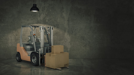Forklift truck or storage in warehouse loading cardboard boxes. 3dの写真素材