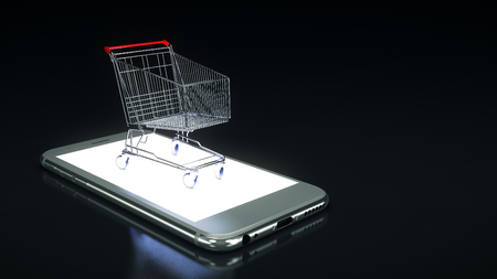 Smartphone with shopping cart. 3d renderingの写真素材