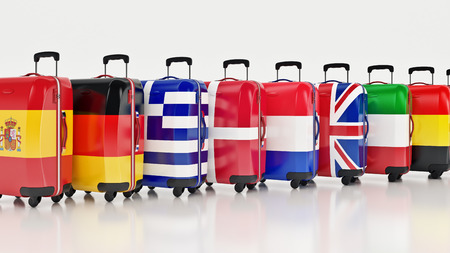 Travel destination and journey luggage concept, stacks of suitcases in colors of national flags of european countries isolated on white background. 3d renderingの写真素材