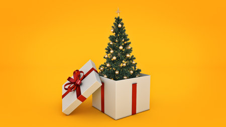 Christmas tree. Gift box concept. 3D renderingの写真素材
