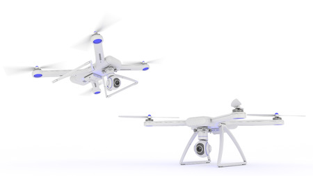 drone, quadrocopter, with photo camera flying in the blue sky. 3d renderingの写真素材