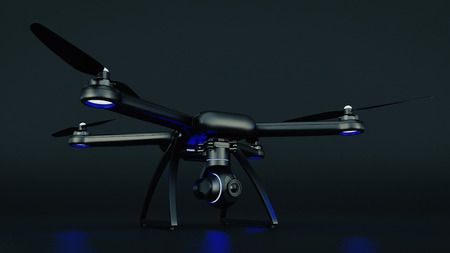 drone, quadrocopter, with photo camera flying in the blue sky. 3d renderingの写真素材