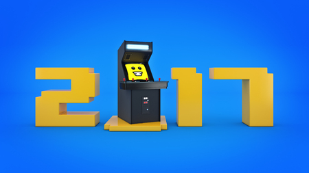 Vintage arcade game machine concept 2017 New Year. 3D renderingの写真素材