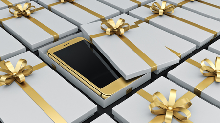 Smartphone. Gift box concept. 3D renderingの写真素材