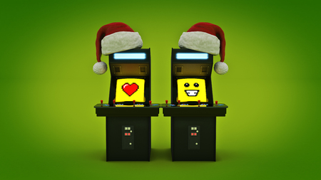 vintage arcade game machine concept Merry Christmas 3D renderの写真素材