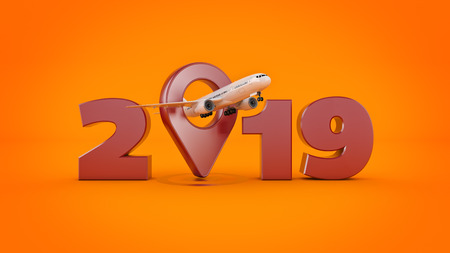 Airline travel concept. Airport pointer. 2019 New Year sign. 3d rendering.の写真素材