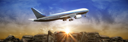 Airplane taking off at sunset. 3d render
