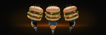A small hamburger stuck in the fork. The concept of adequate nutrition. 3d renderの写真素材