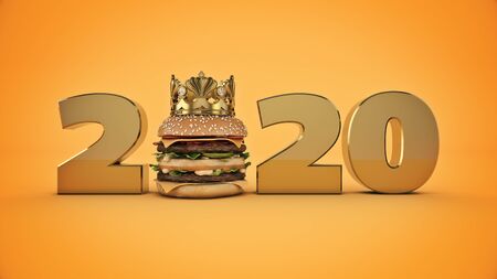 Burger with Crown concept 2020 New Year sign. 3d renderの写真素材