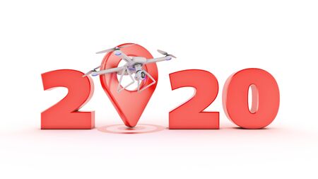 Small white drone concept 2020 New Year sign. 3d renderの写真素材