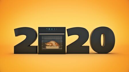 Cooking chicken in the oven concept 2020 New Year sign. 3d renderの写真素材