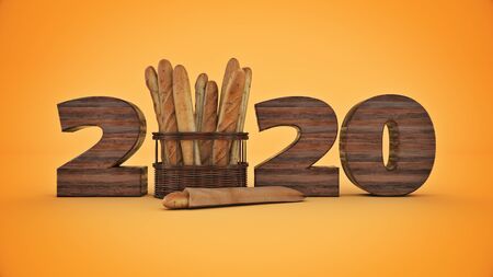 baguette concept 2020 New Year sign. 3d renderの写真素材