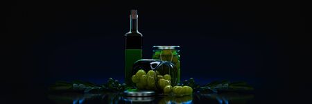 Olives with leaves on a black background. 3d render